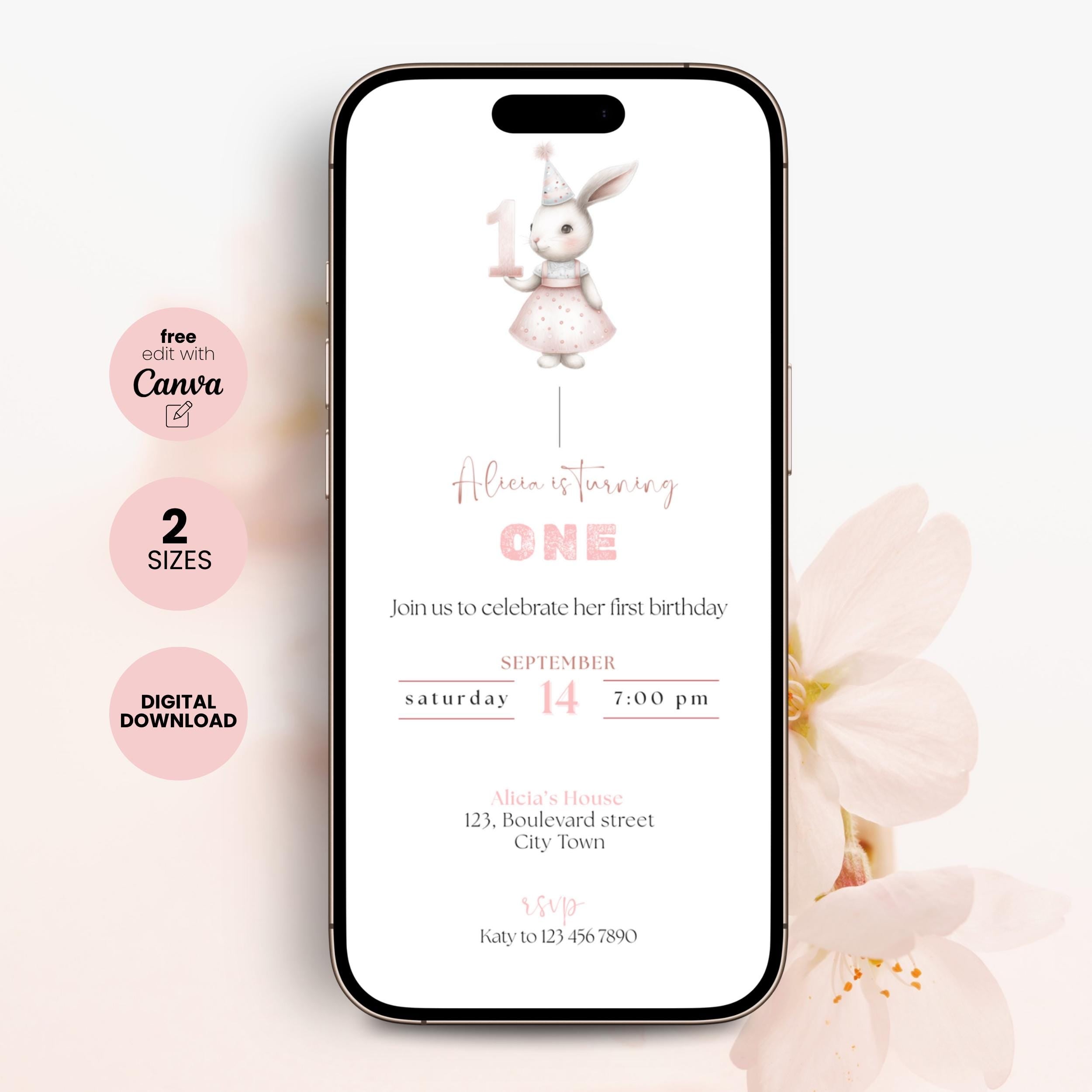 Bunny First Birthday Invitation Girls