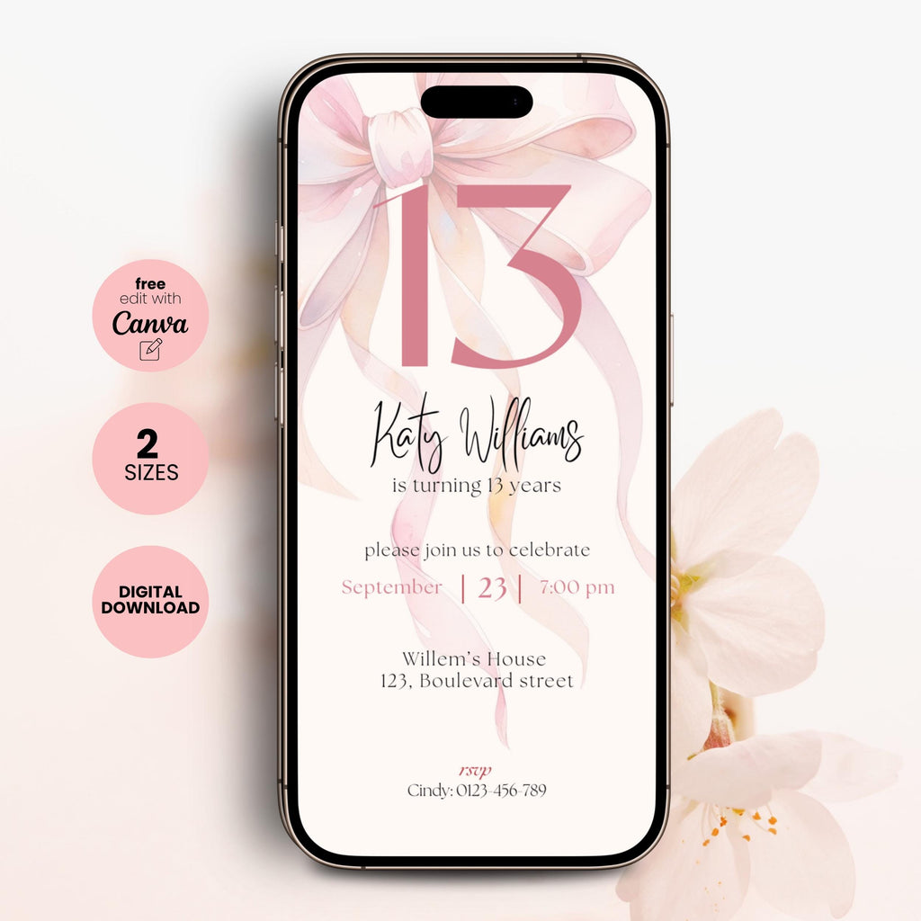 Pink Bow 13th Birthday Invitation Girls