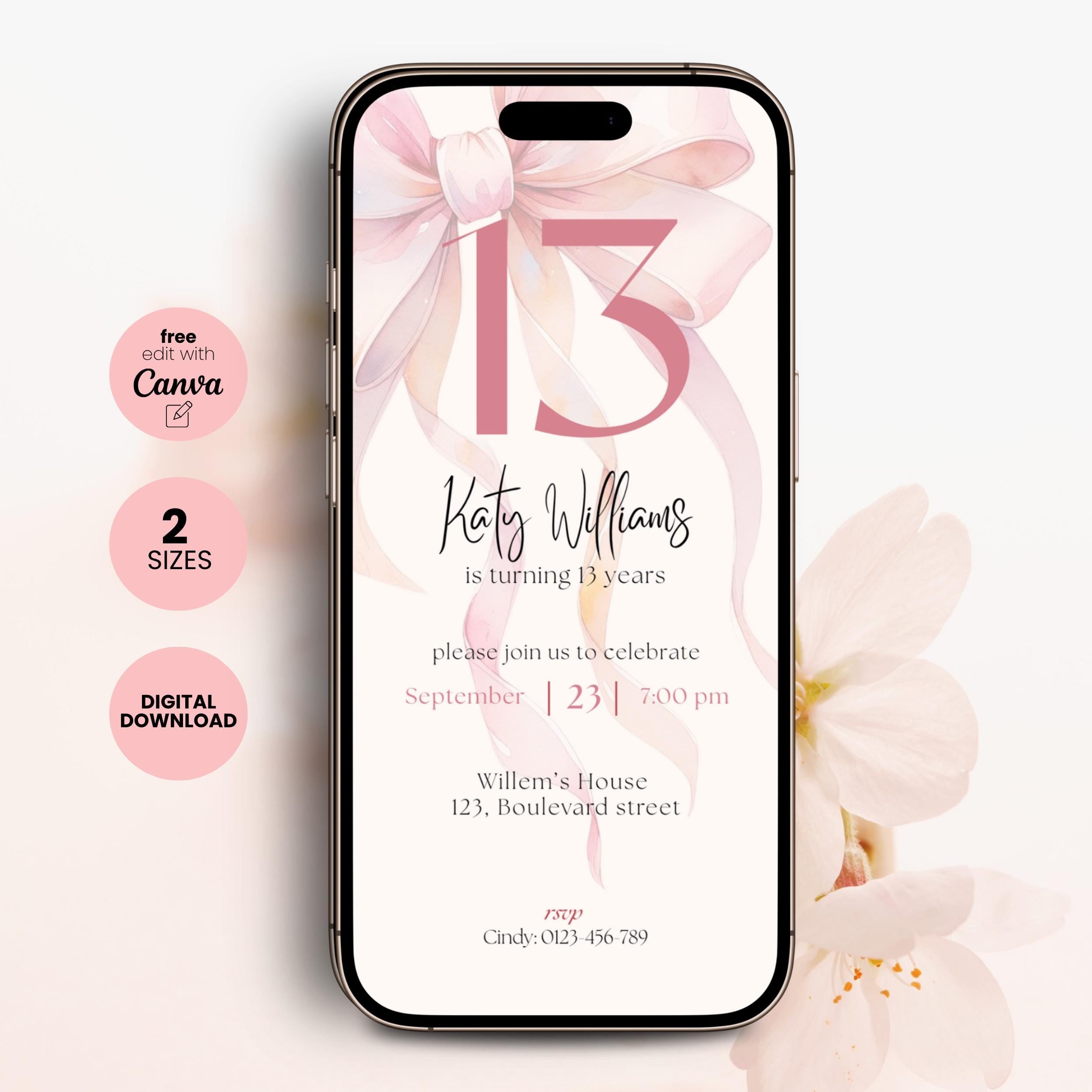 Pink Bow 13th Birthday Invitation Girls