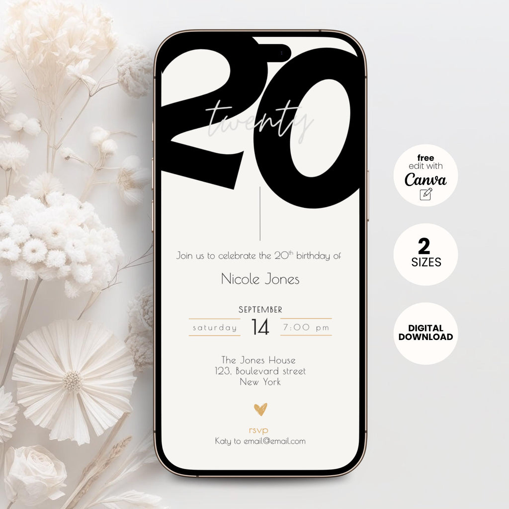 Modern 20th Birthday Invitation