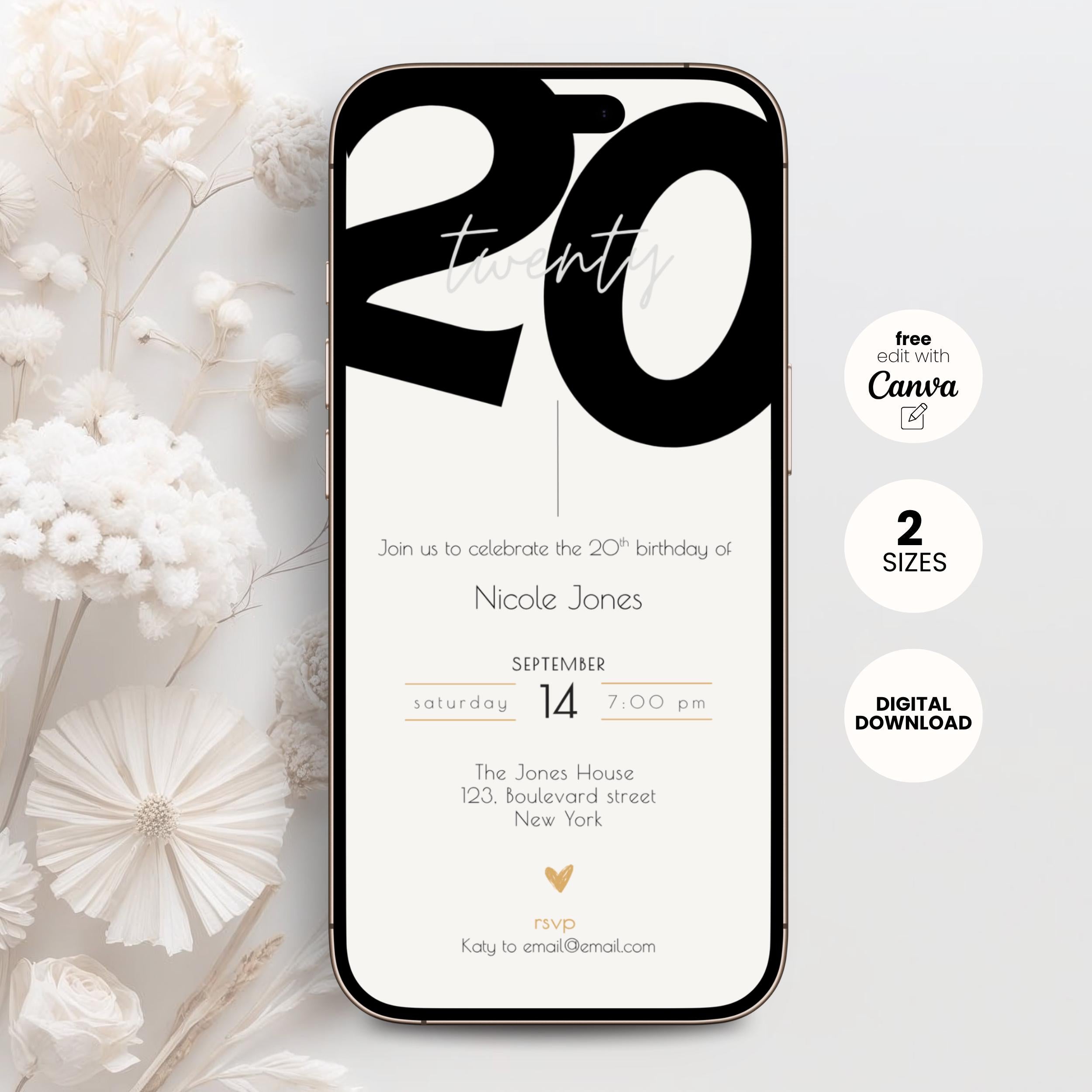 Modern 20th Birthday Invitation