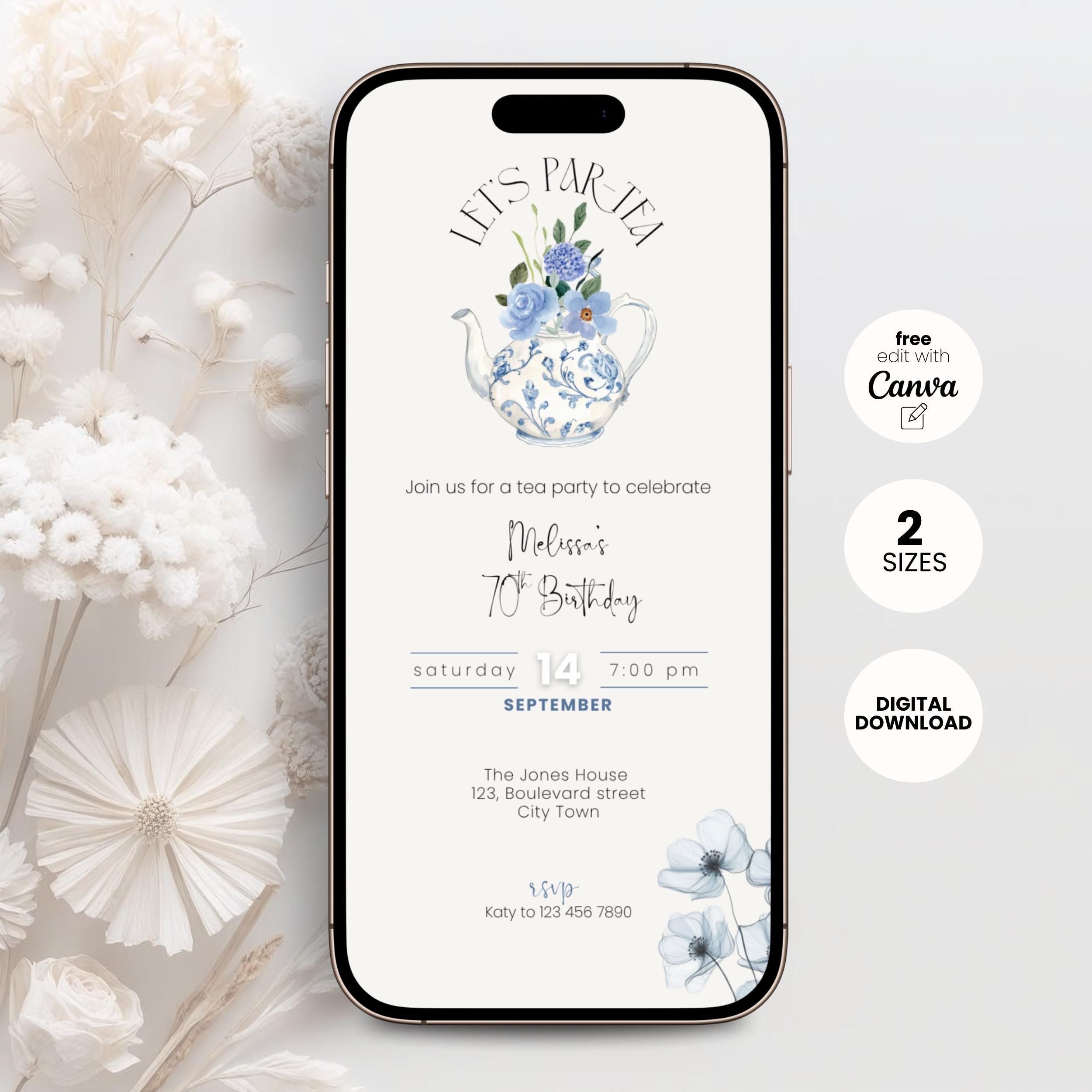 French Toile Tea Party 70th Birthday Invitation