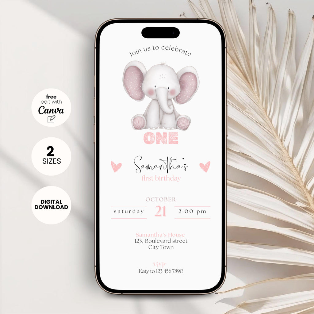 Elephant Pink 1st Birthday Invitation