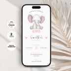 Elephant Pink 1st Birthday Invitation