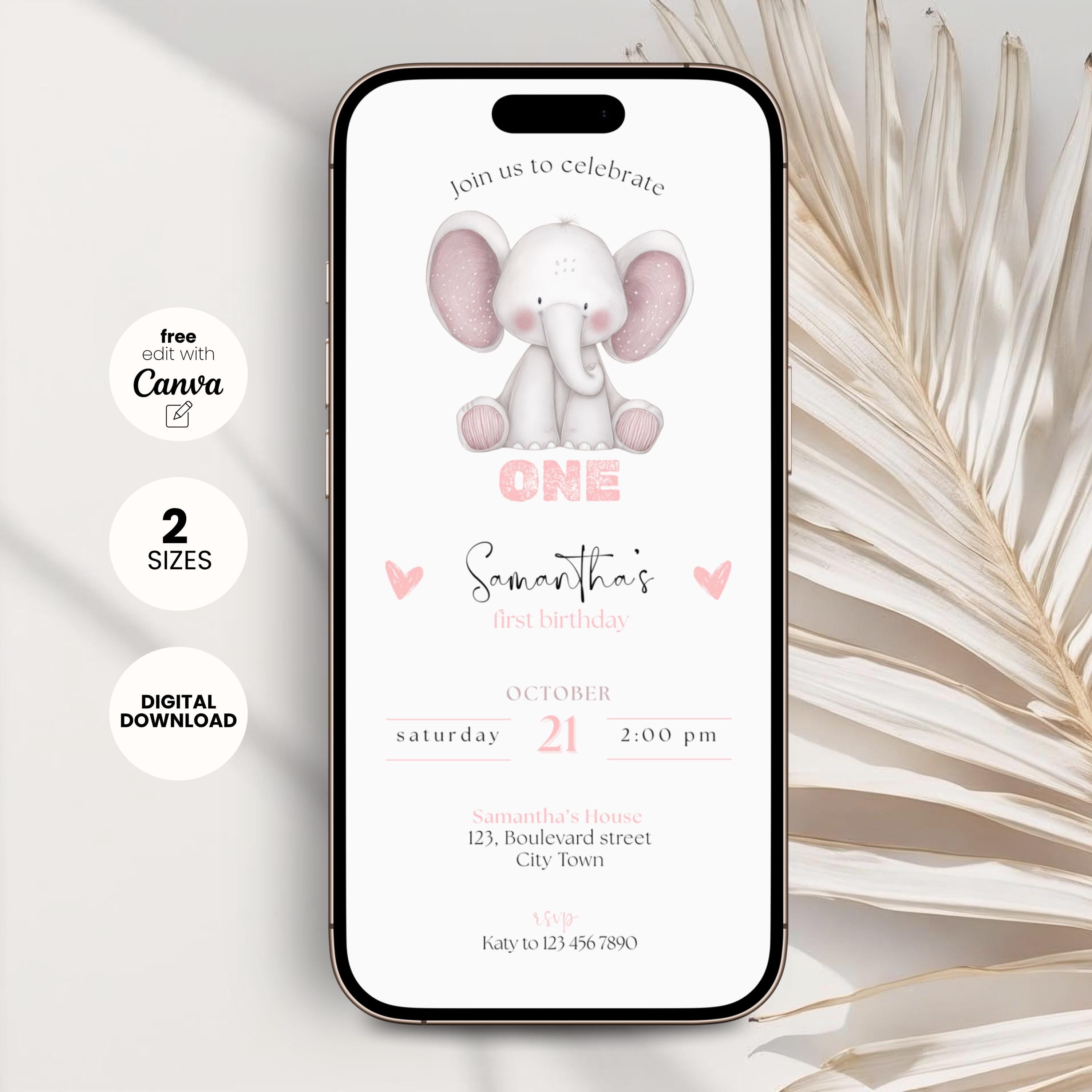 Elephant Pink 1st Birthday Invitation