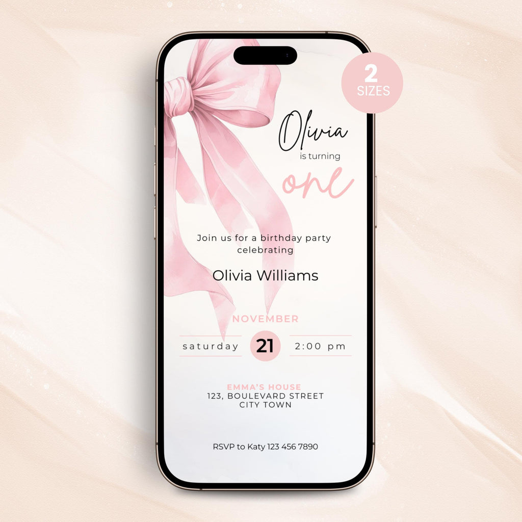 Pink Bow 1st Birthday invitation