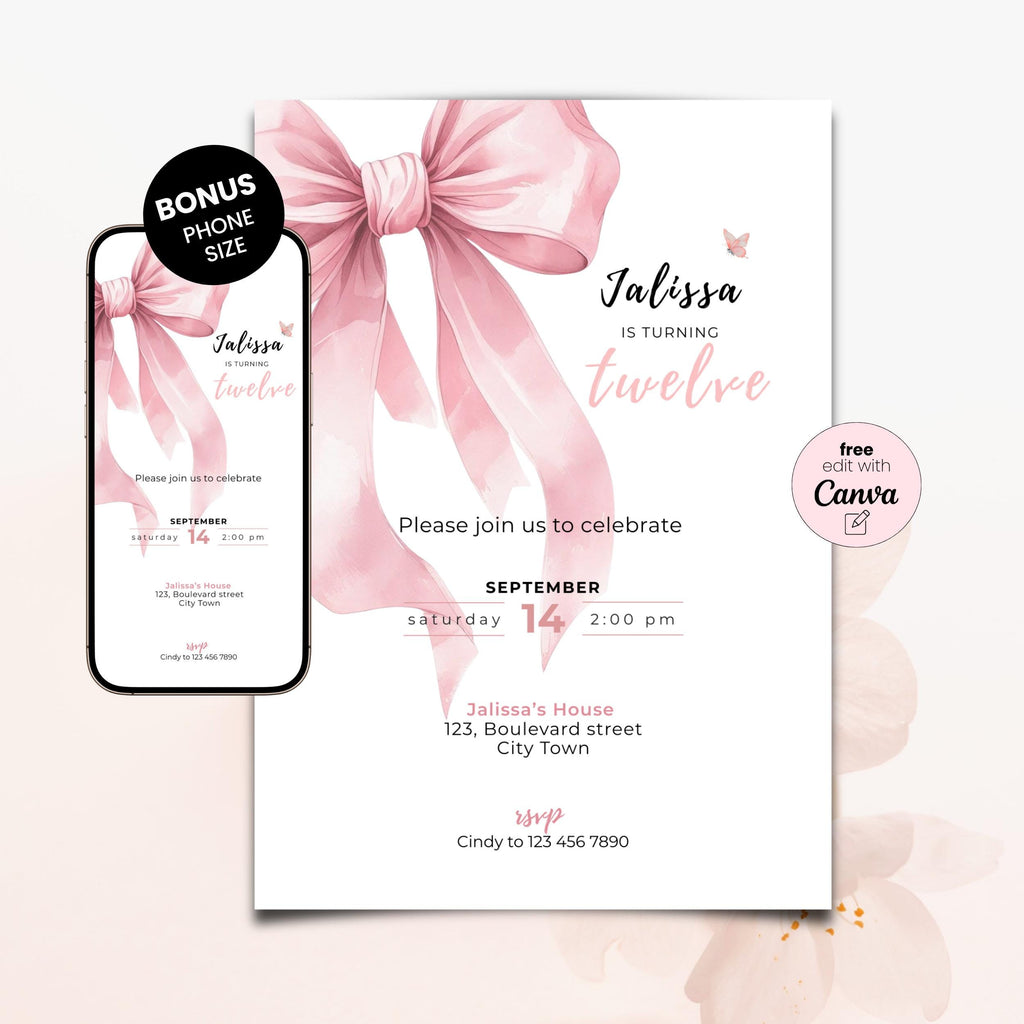 Pink Bow Watercolor 12th Birthday Invitation