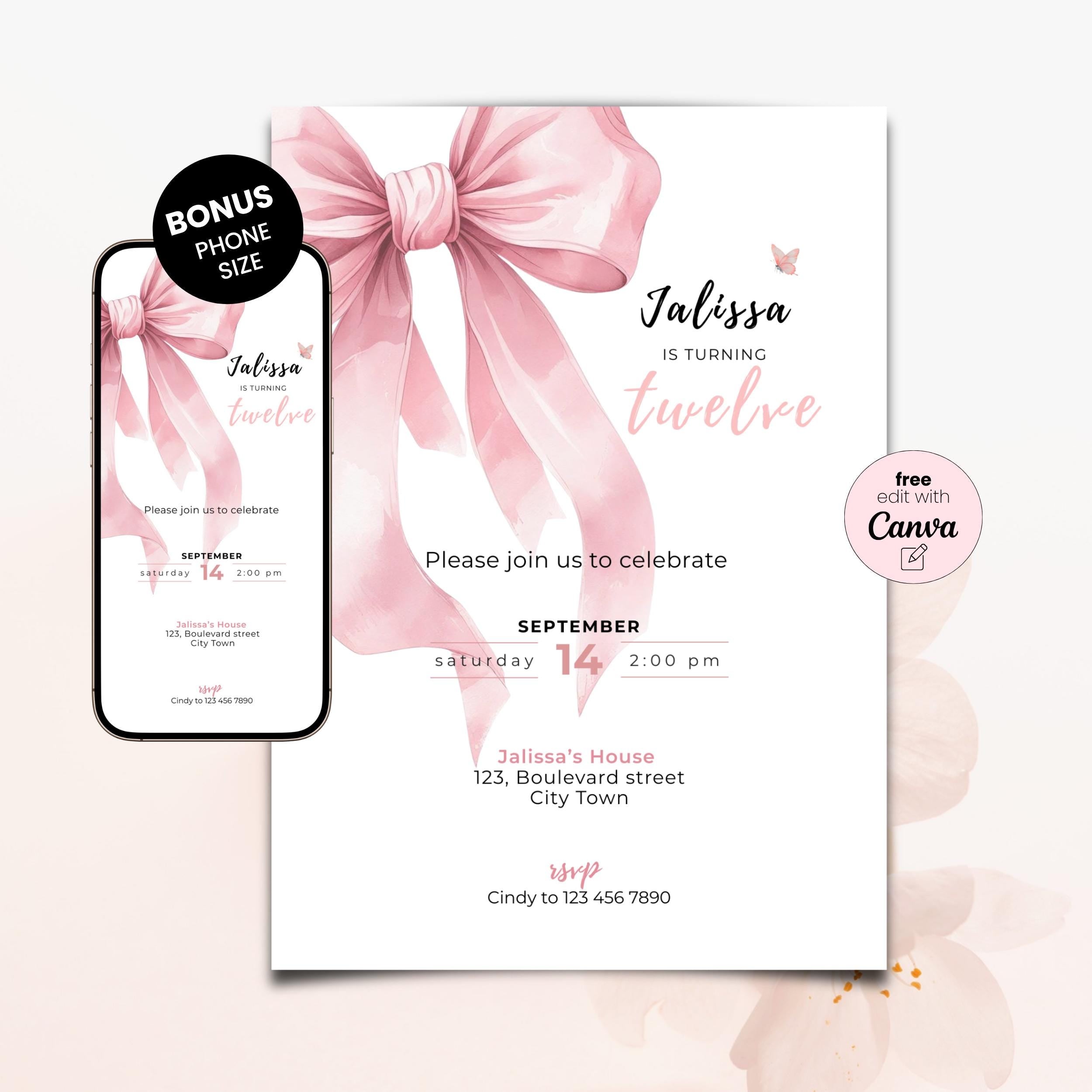 Pink Bow Watercolor 12th Birthday Invitation