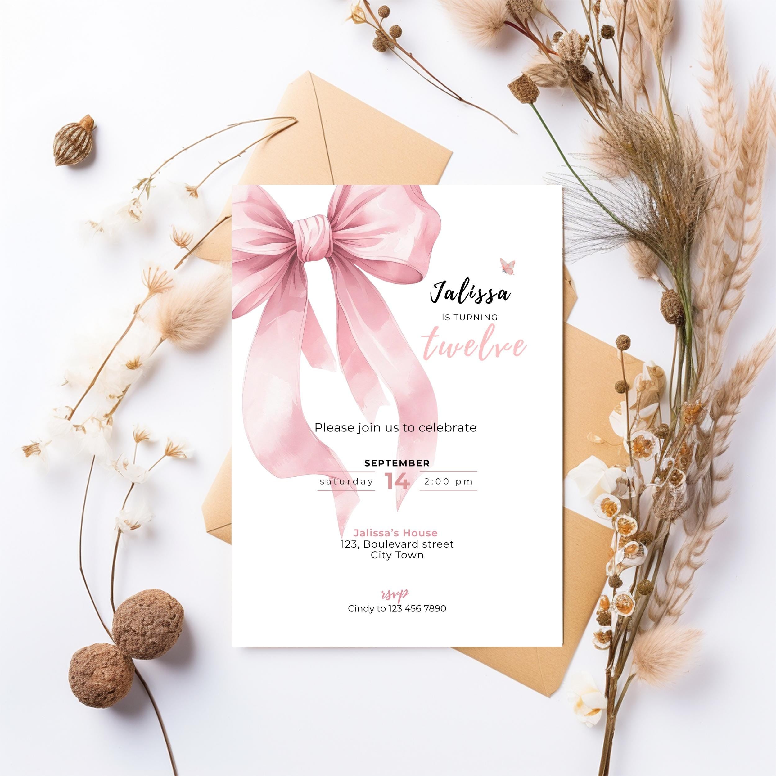 Pink Bow Watercolor 12th Birthday Invitation