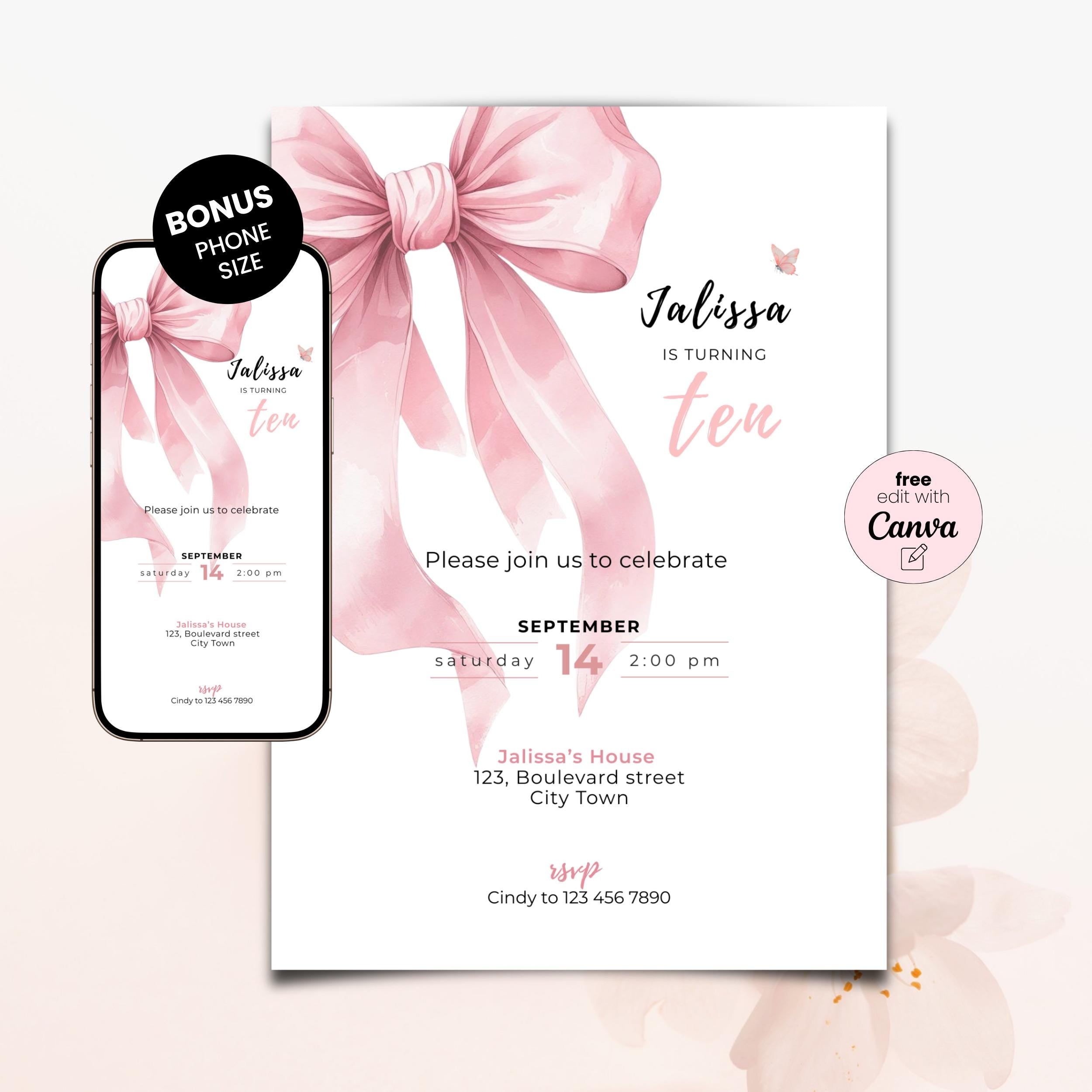 Pink Bow 10th Birthday Invitation Girls