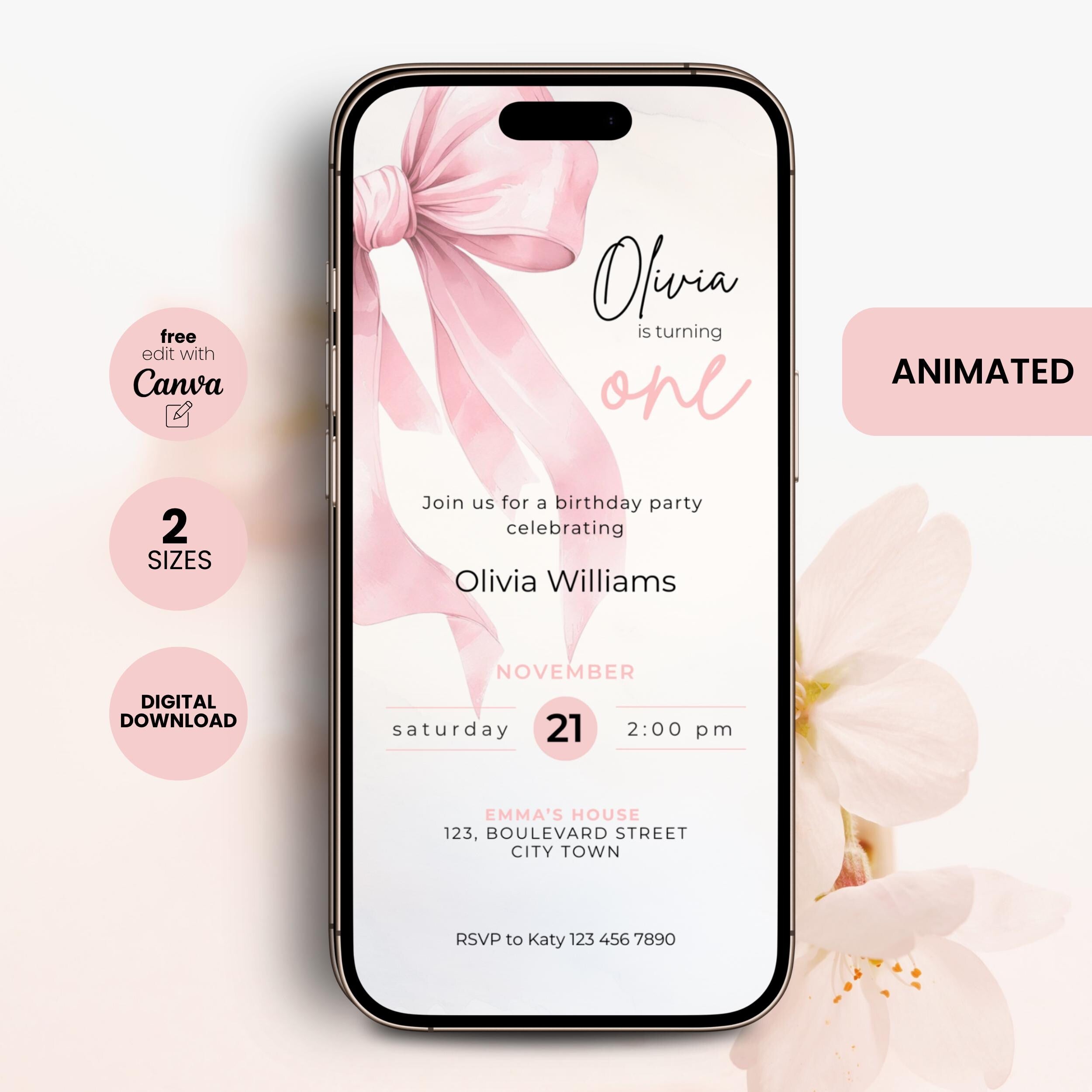 Pink Bow 1st Birthday invitation