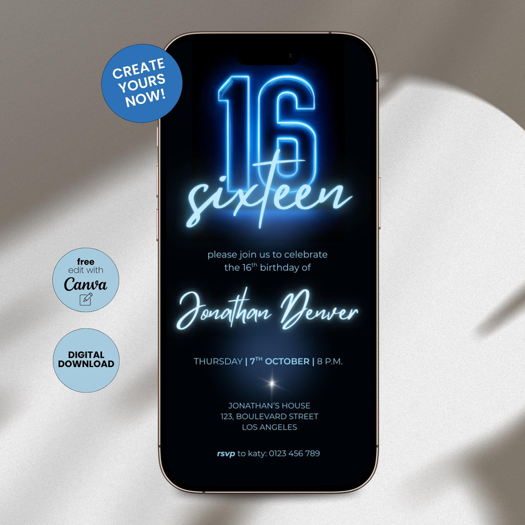 Blue Neon Glow 16th Birthday Invitation
