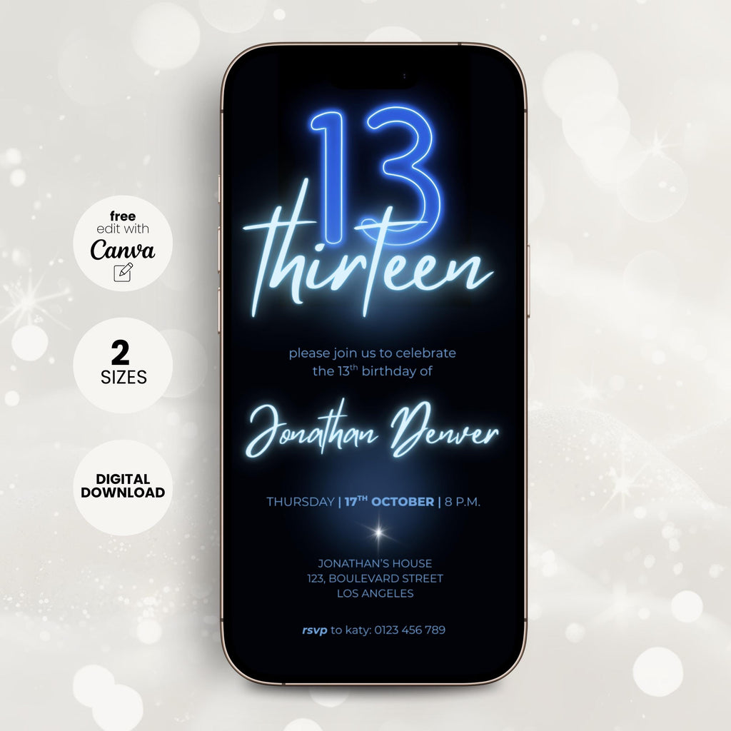 Neon Glow 13th Birthday Invitation