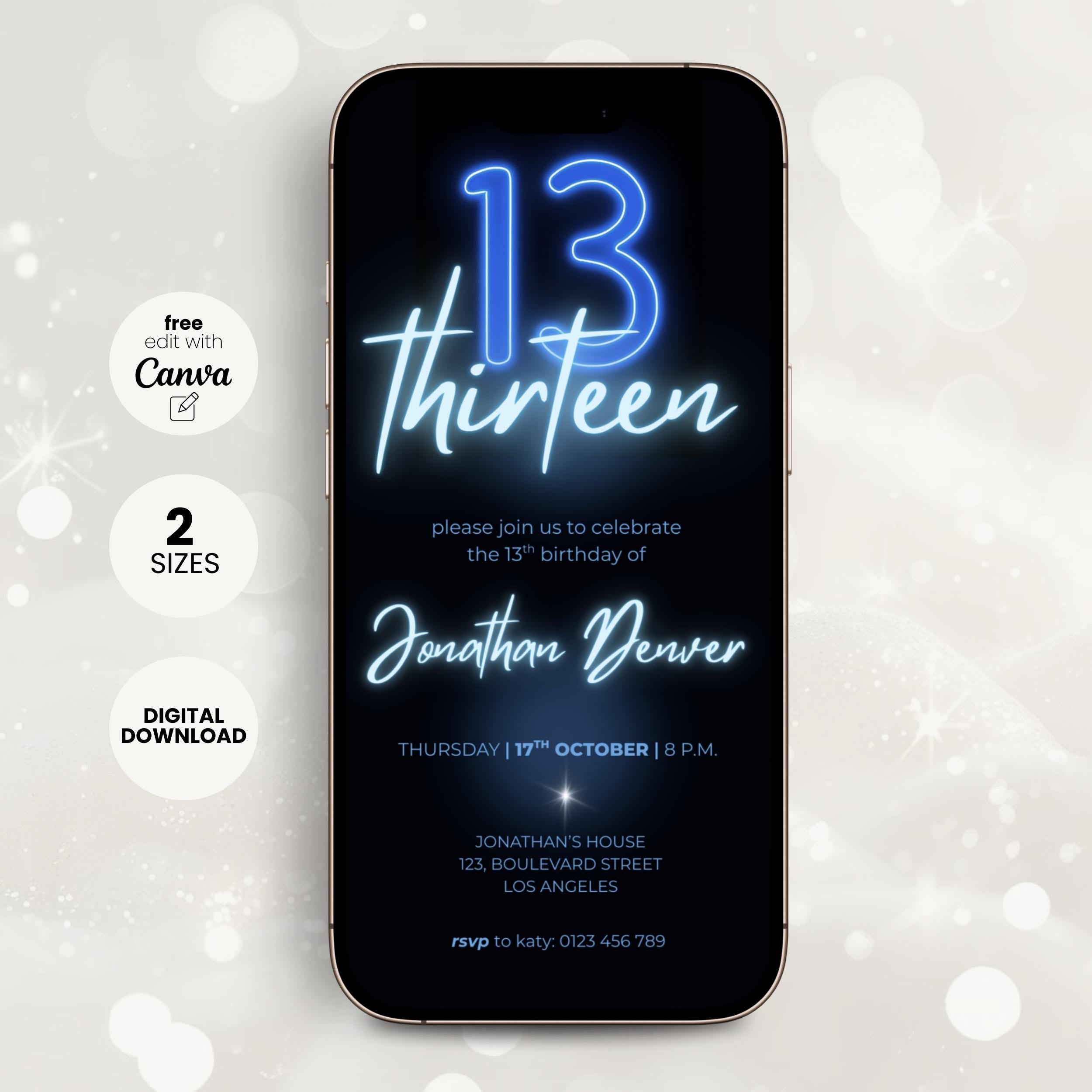 Neon Glow 13th Birthday Invitation