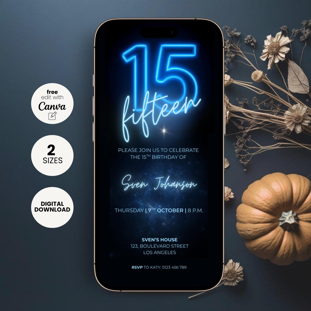 Neon Glow 15th Birthday Invitation Boy