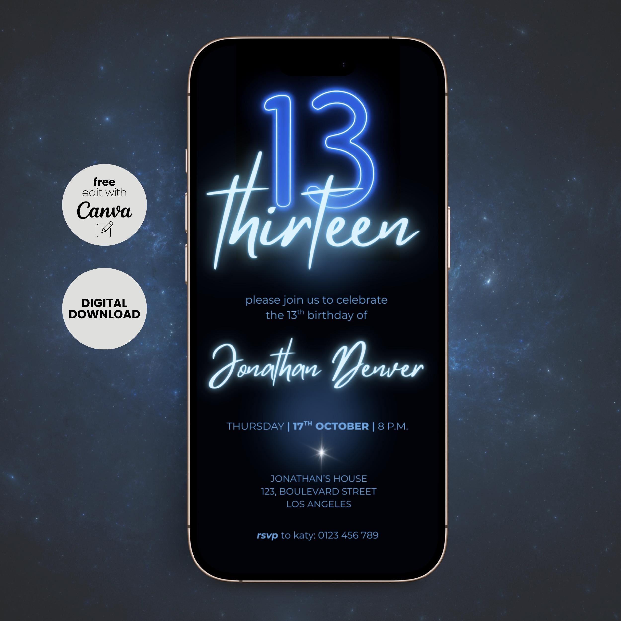 Neon Glow 13th Birthday Invitation