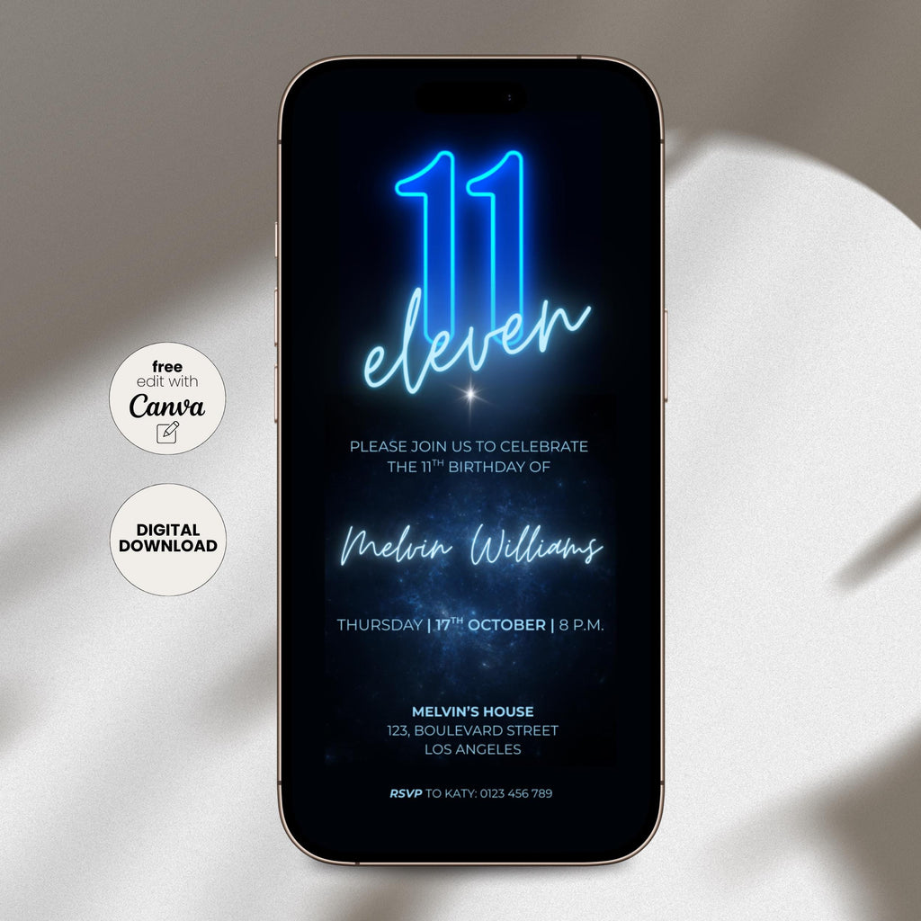 Neon 11th Birthday Invitation for Boys