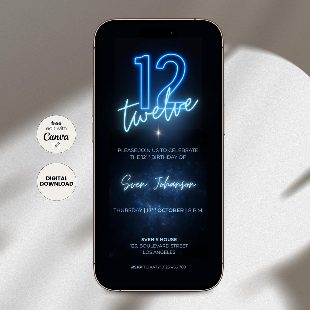 Blue 12th Birthday Invitation Neon Glow Party