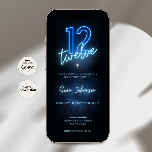 Blue 12th Birthday Invitation Neon Glow Party