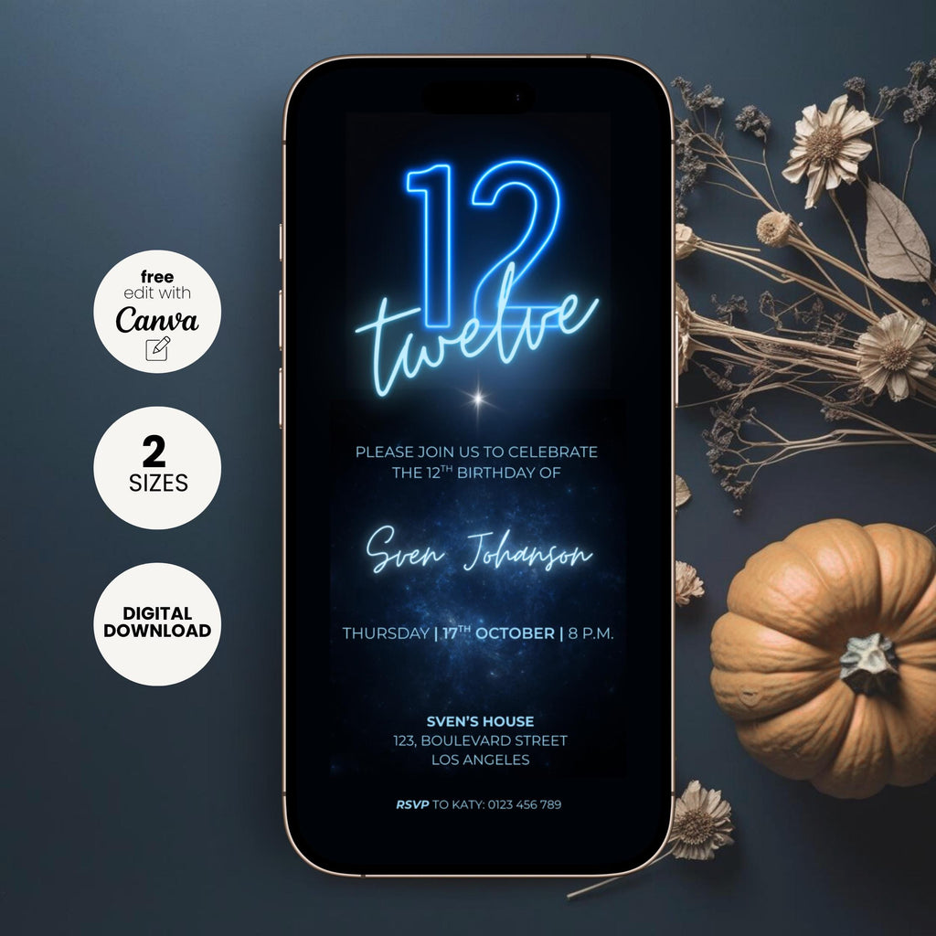 Blue 12th Birthday Invitation Neon Glow Party