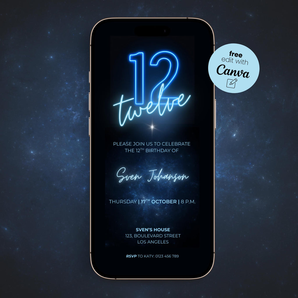 Blue 12th Birthday Invitation Neon Glow Party