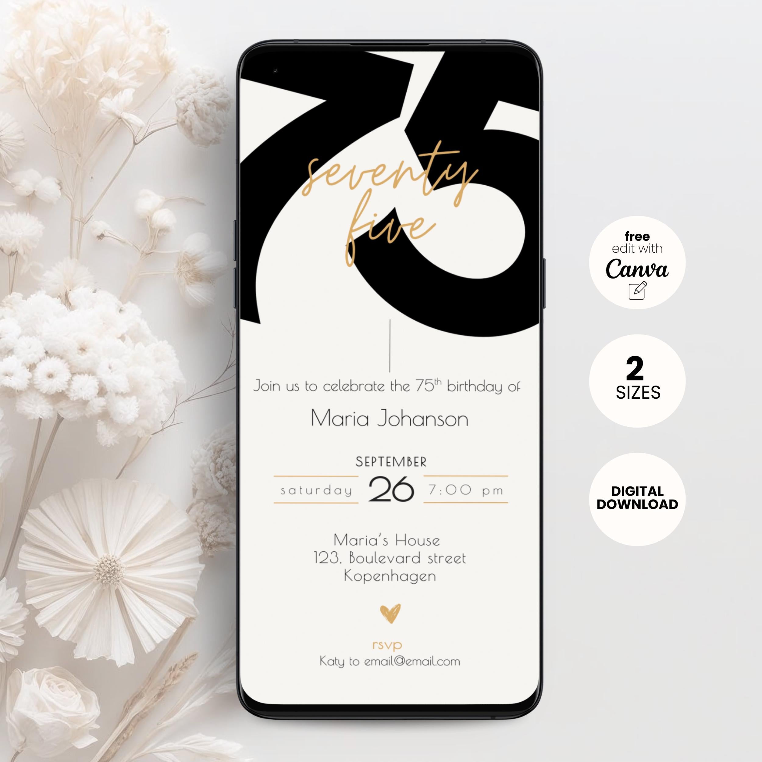 Elegant 75th Birthday Invitation Bold Typography