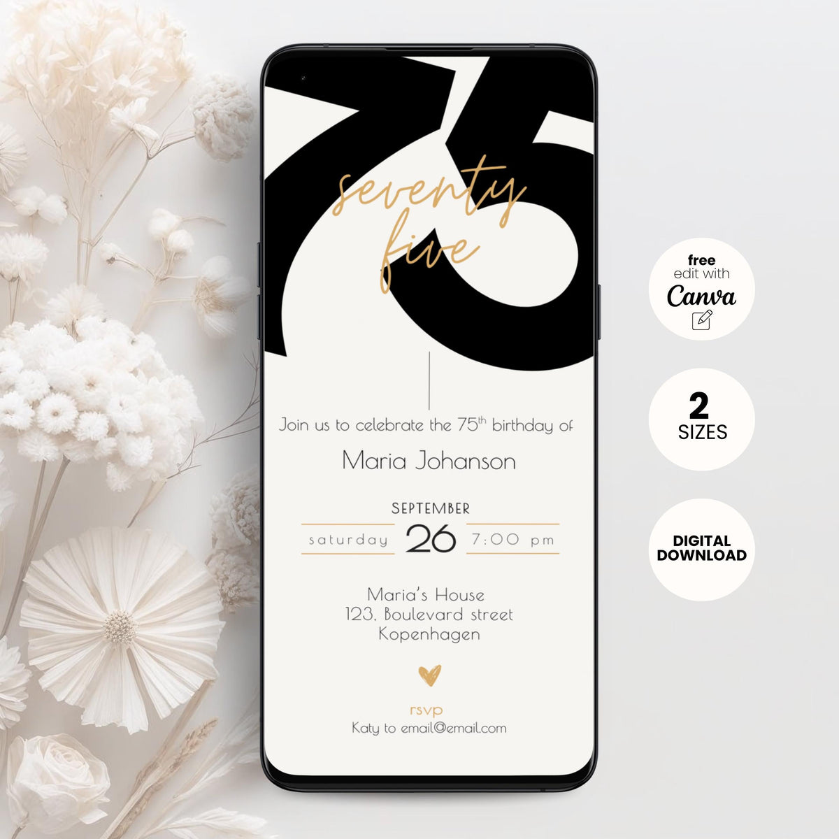 Elegant 75th birthday invitation template with bold typography