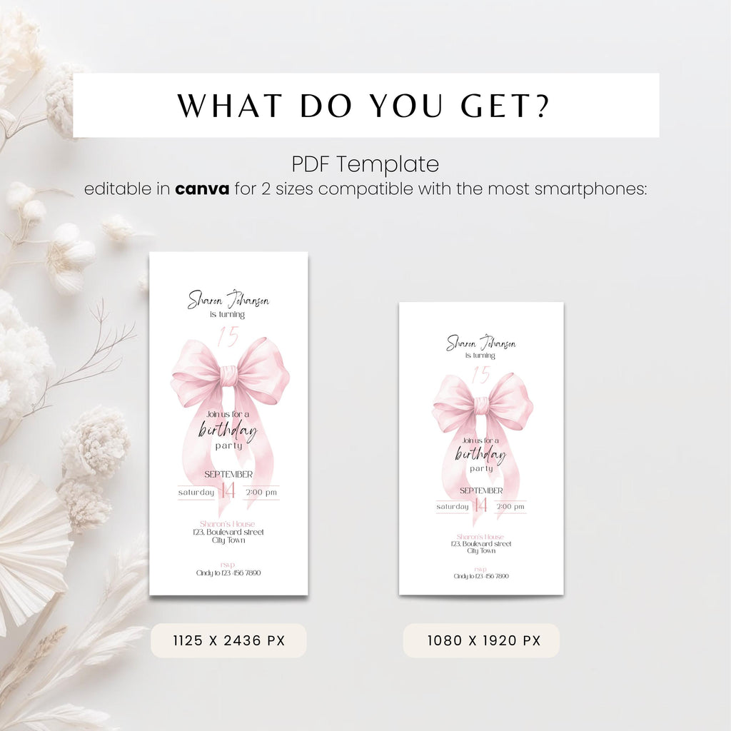 Pink Bow Sweet 15th Birthday Invitation Template Girls