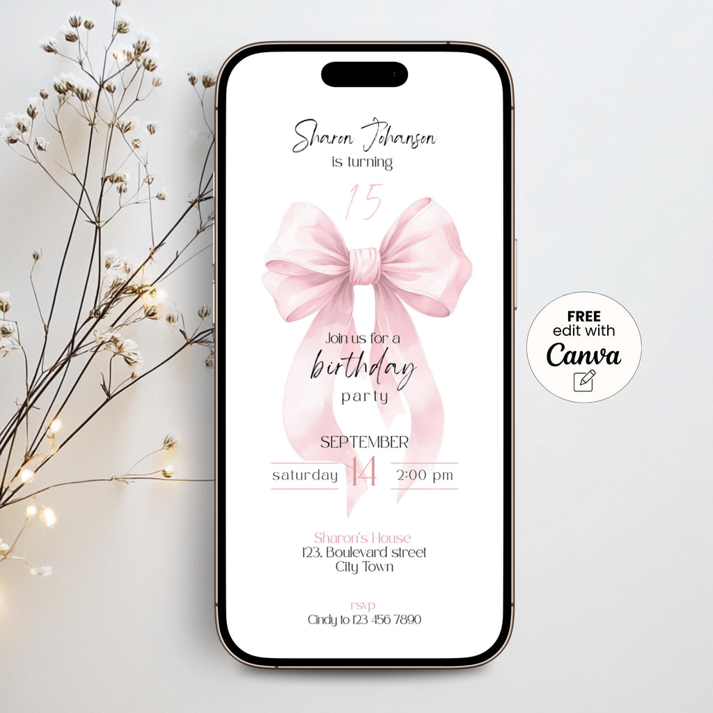 Pink Bow Sweet 15th Birthday Invitation Template Girls