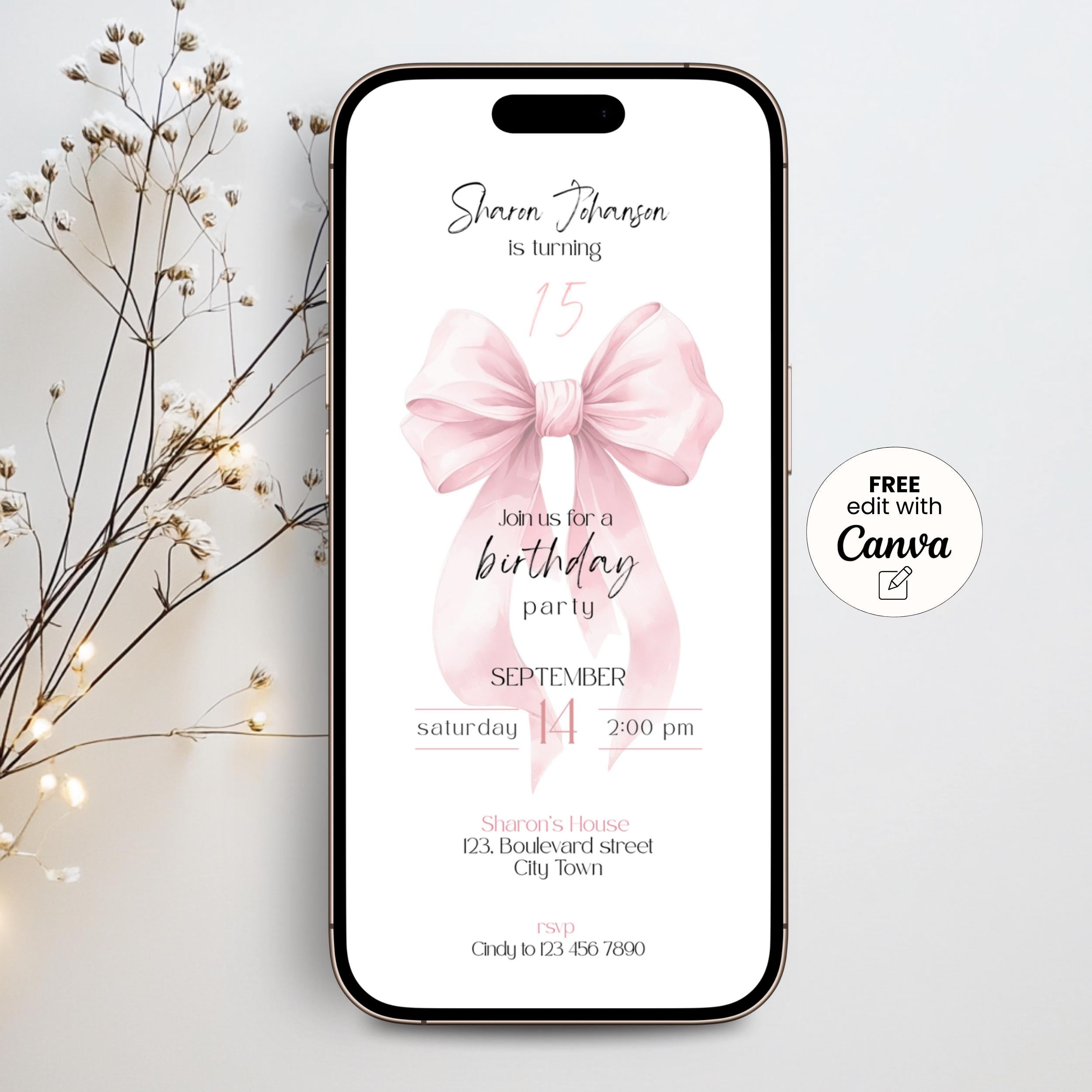 Pink Bow Sweet 15th Birthday Invitation Girls