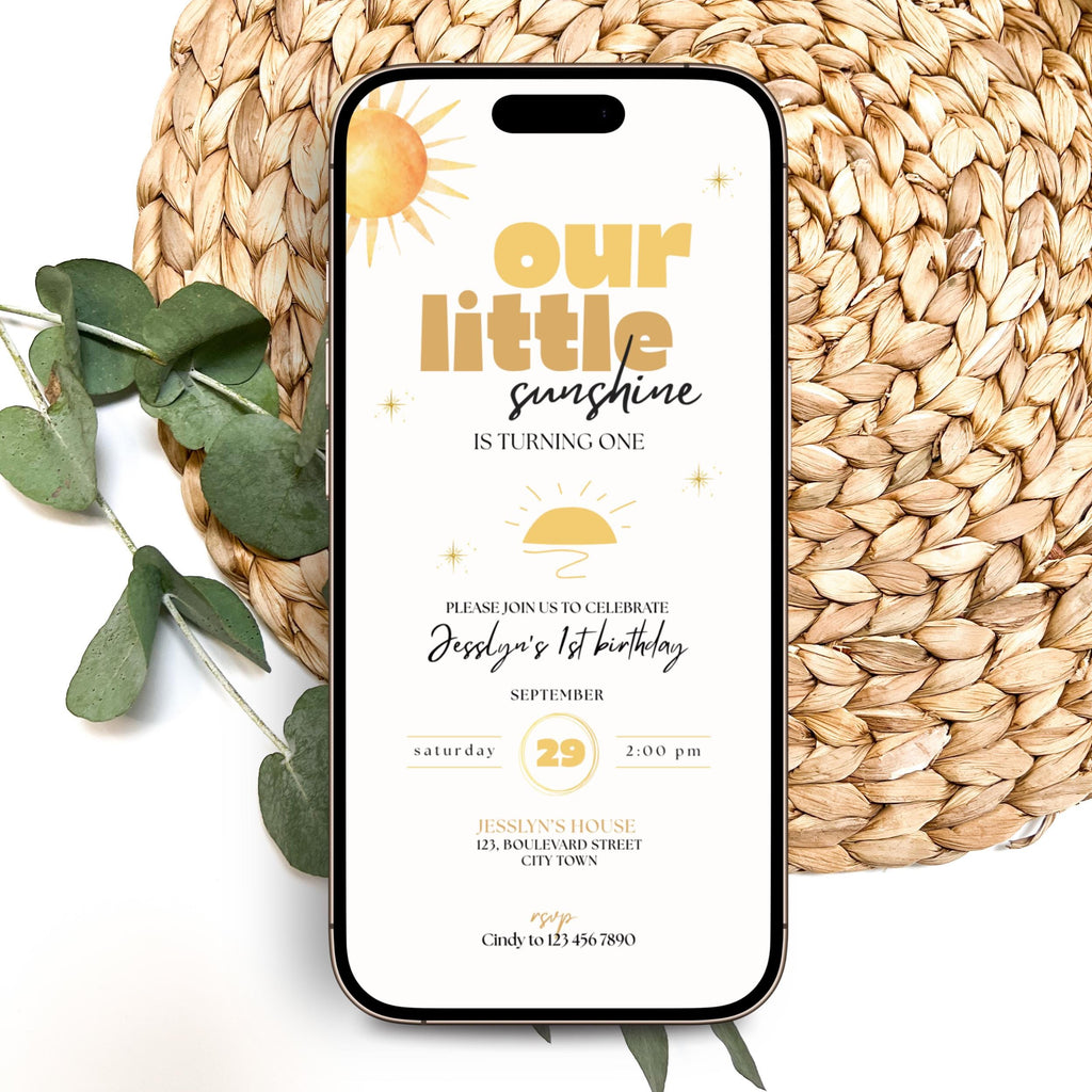 Sunshine First Birthday Invitation Boho
