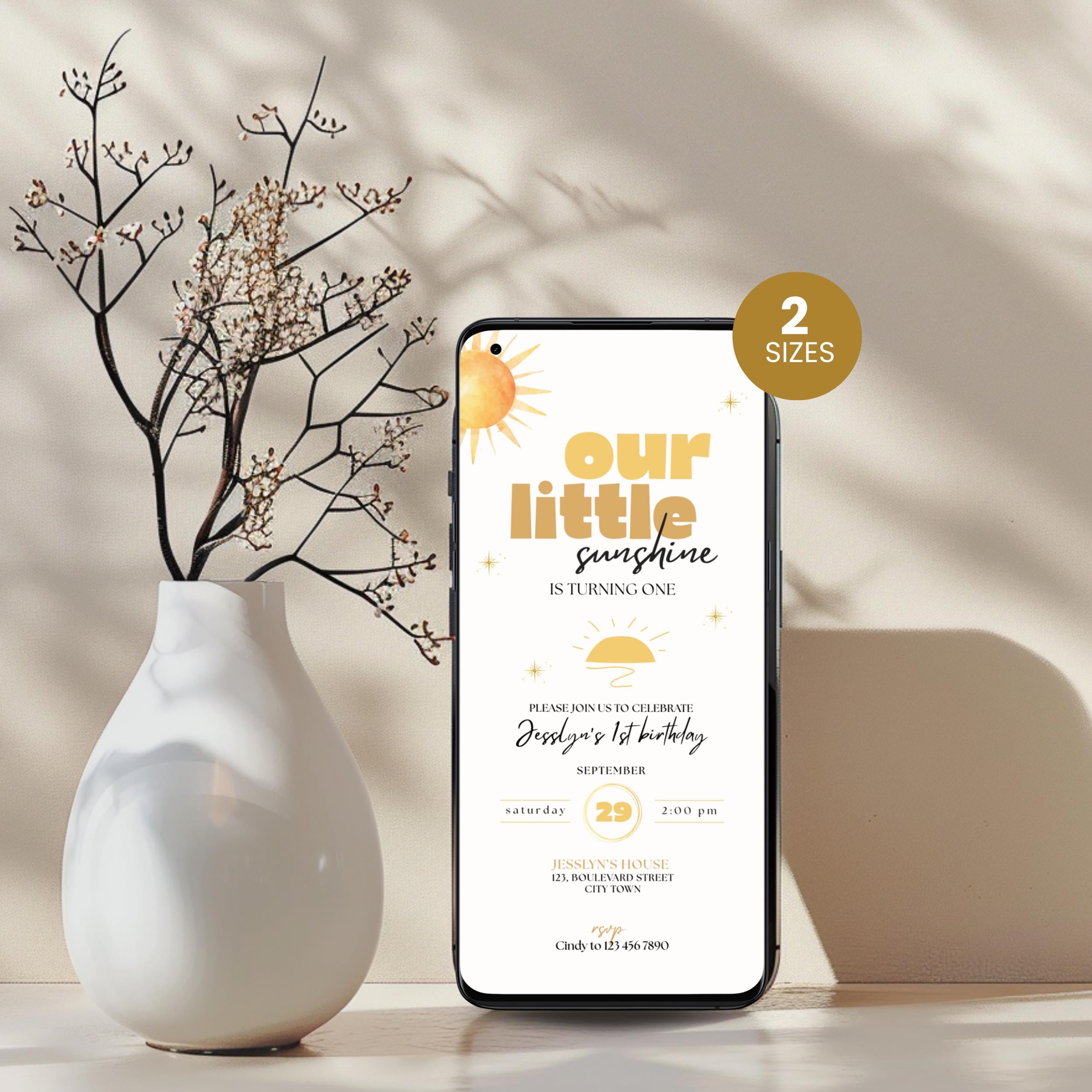 Sunshine First Birthday Invitation Boho