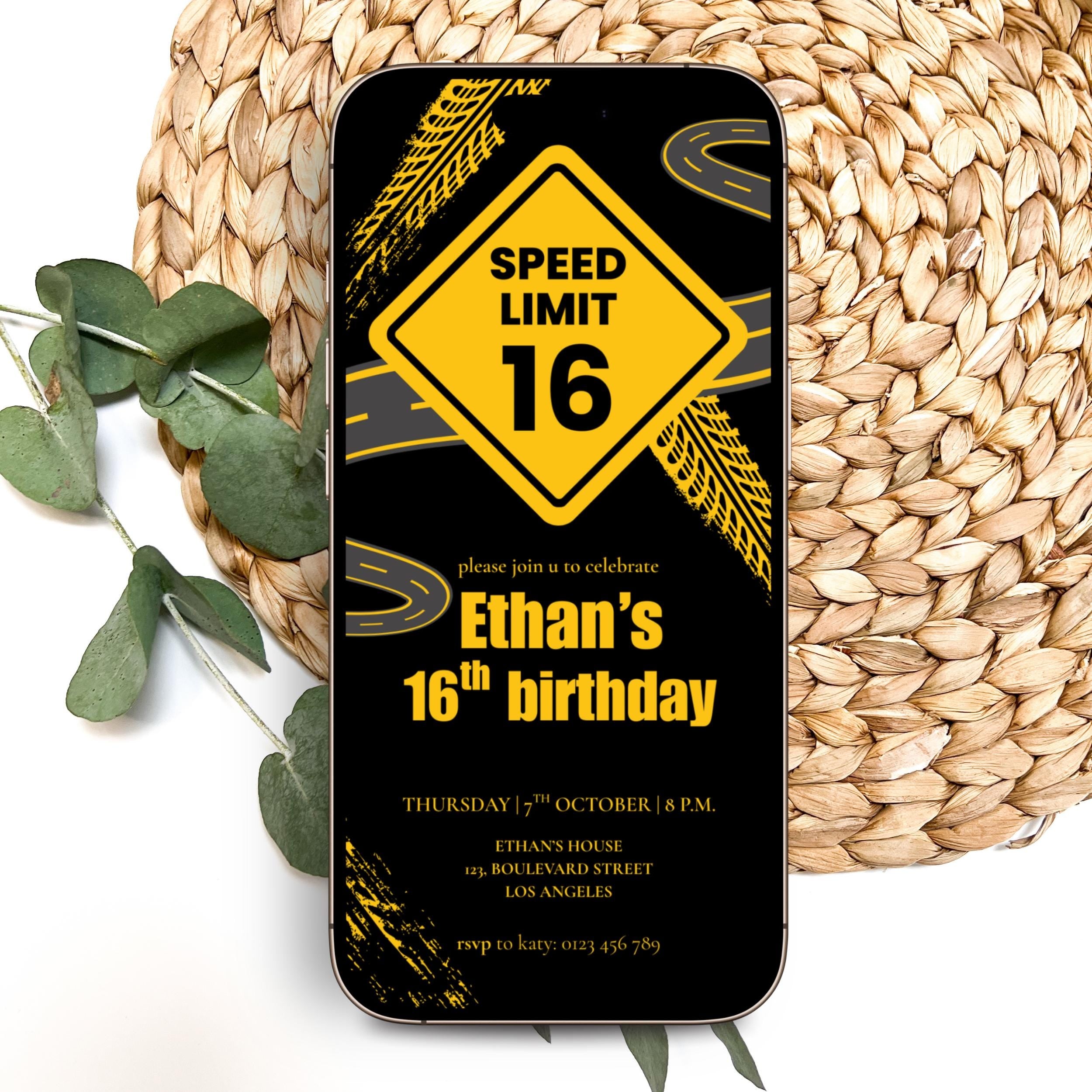 Road Speet Limit 16th Birthday Invitations Boys