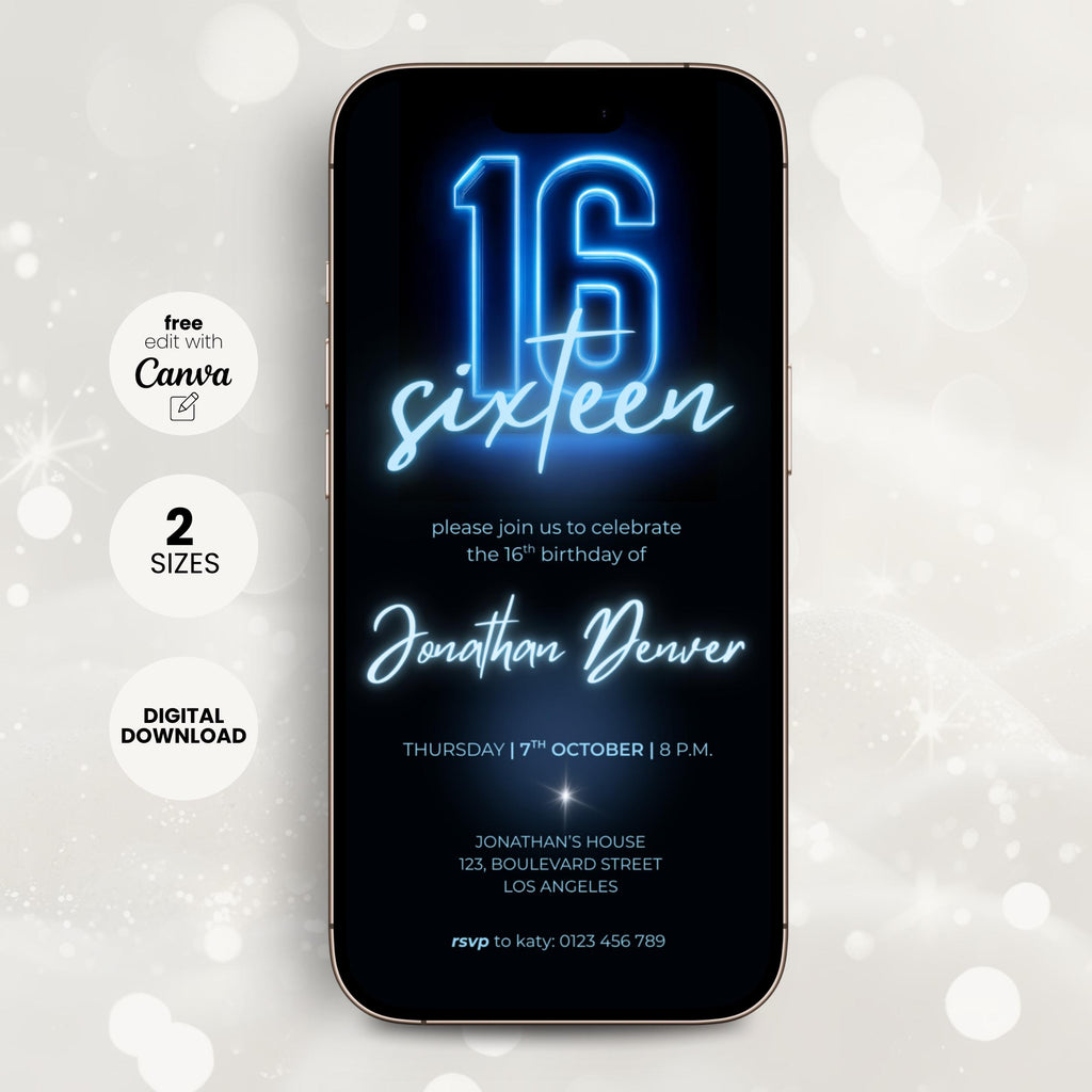 Blue Neon Glow 16th Birthday Invitation