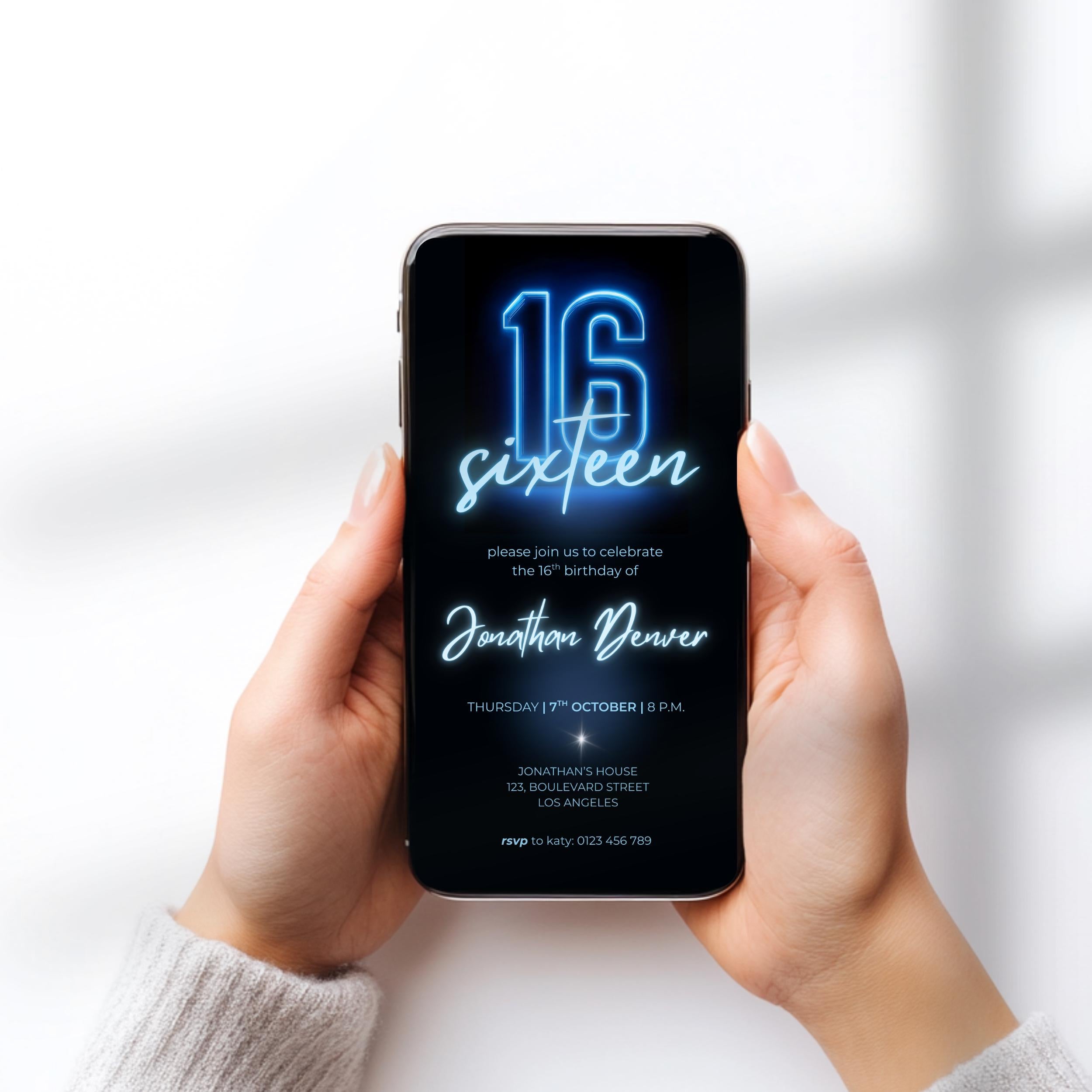 Blue Neon Glow 16th Birthday Invitation