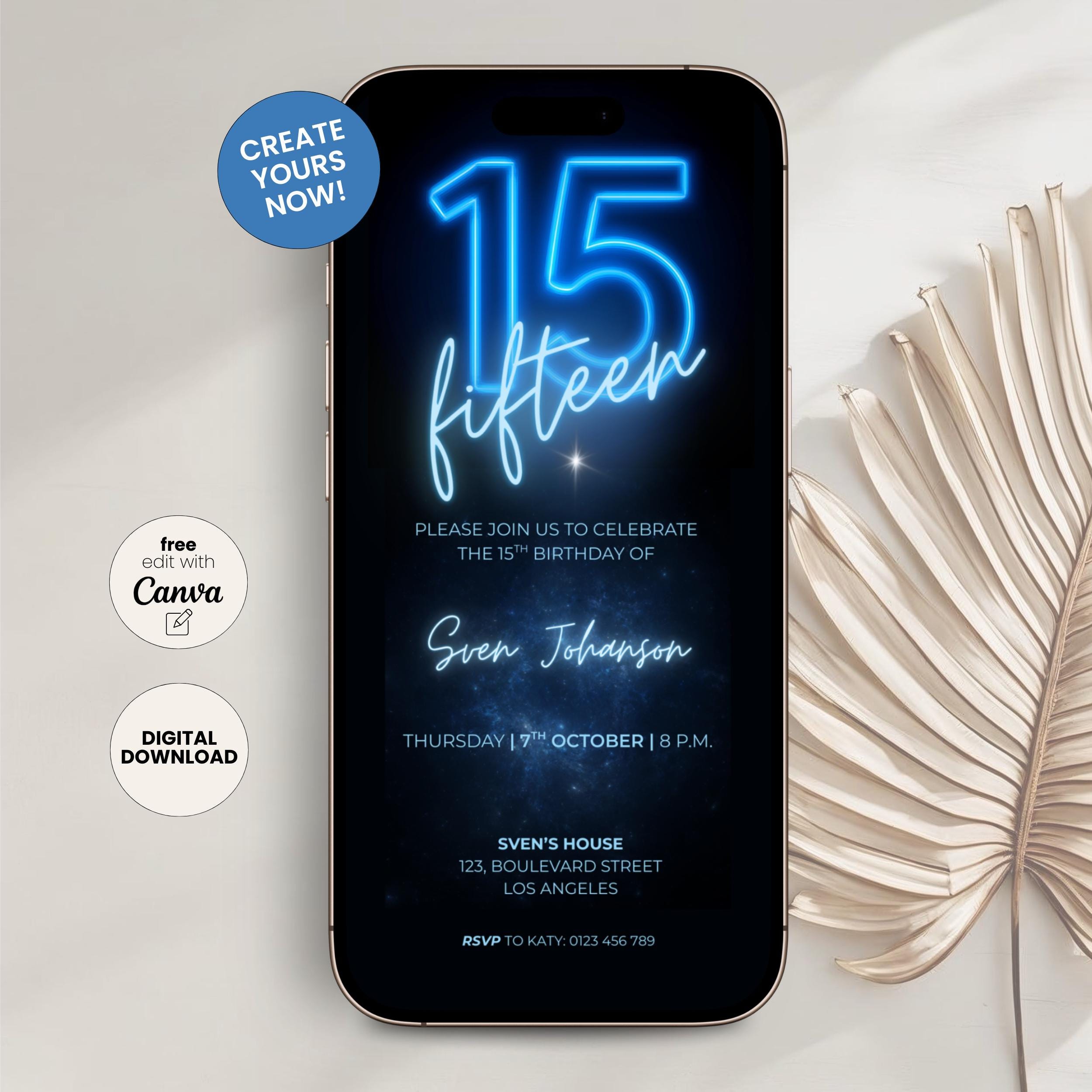 Neon 15th Birthday Invitation Boy