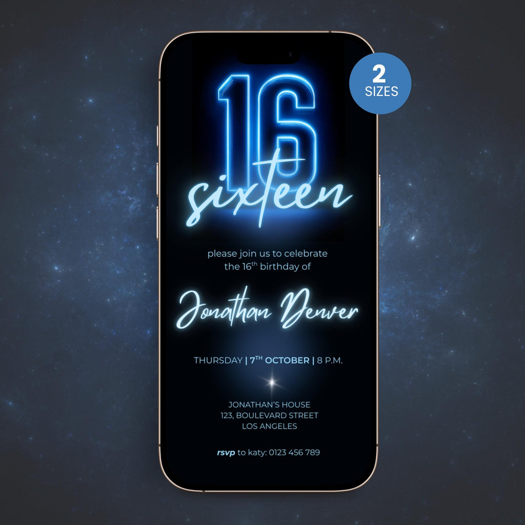 Blue Neon Glow 16th Birthday Invitation