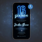 Blue Neon Glow 16th Birthday Invitation
