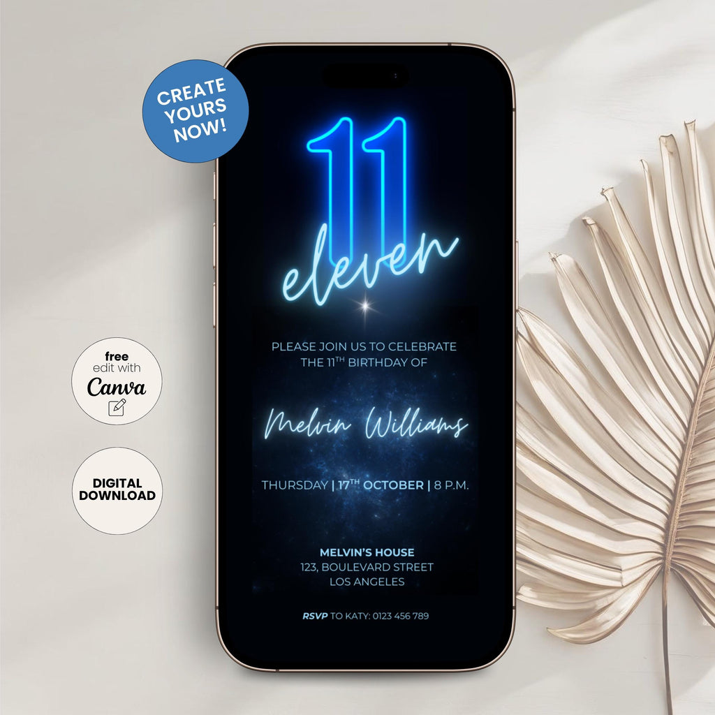 Neon 11th Birthday Invitation for Boys