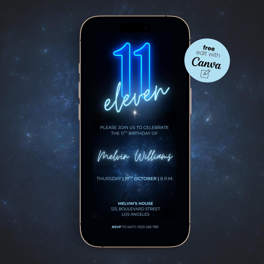 Phone screen displaying a 11th birthday invitation with neon text on a dark background