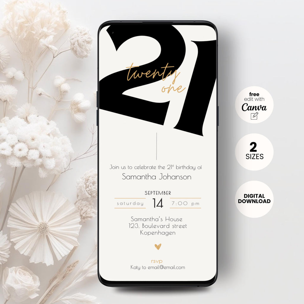 Phone screen displaying a 21st birthday invitation with floral decorations on a white background