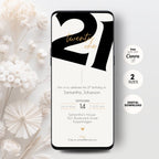 Phone screen displaying a 21st birthday invitation with floral decorations on a white background