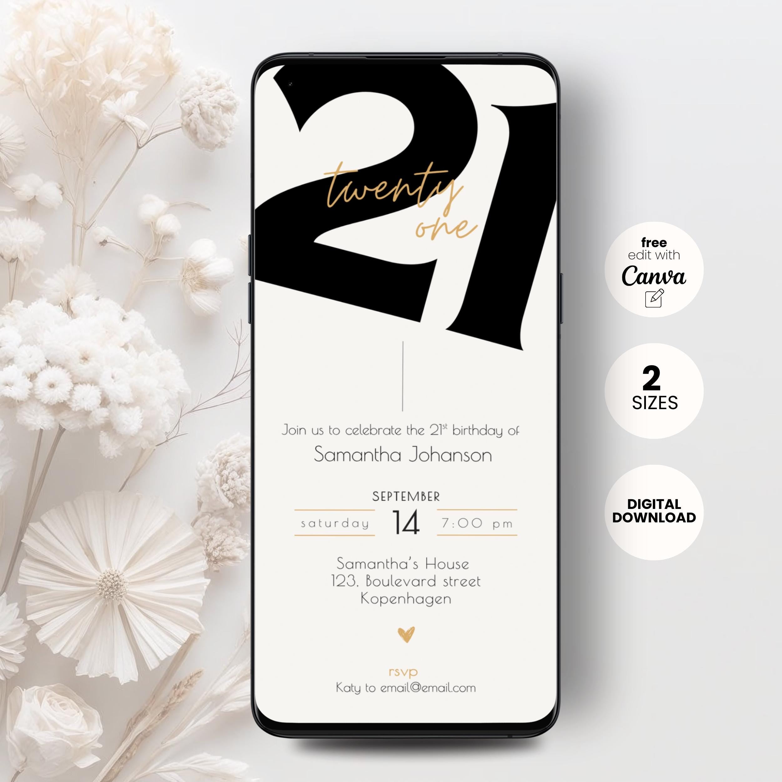 Phone screen displaying a 21st birthday invitation with floral decorations on a white background