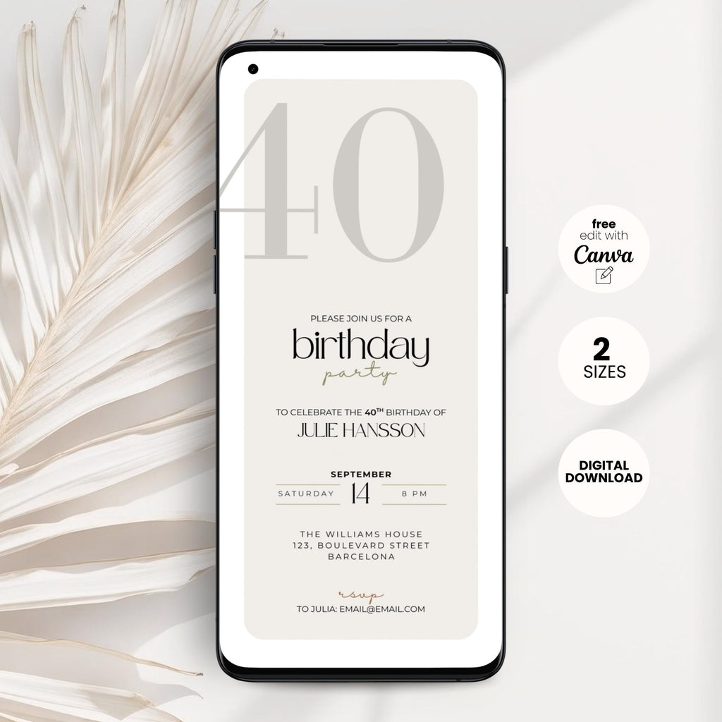 Phone displaying a 40th birthday party invitation with decorative elements on a light background