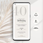 Phone displaying a 40th birthday party invitation with decorative elements on a light background
