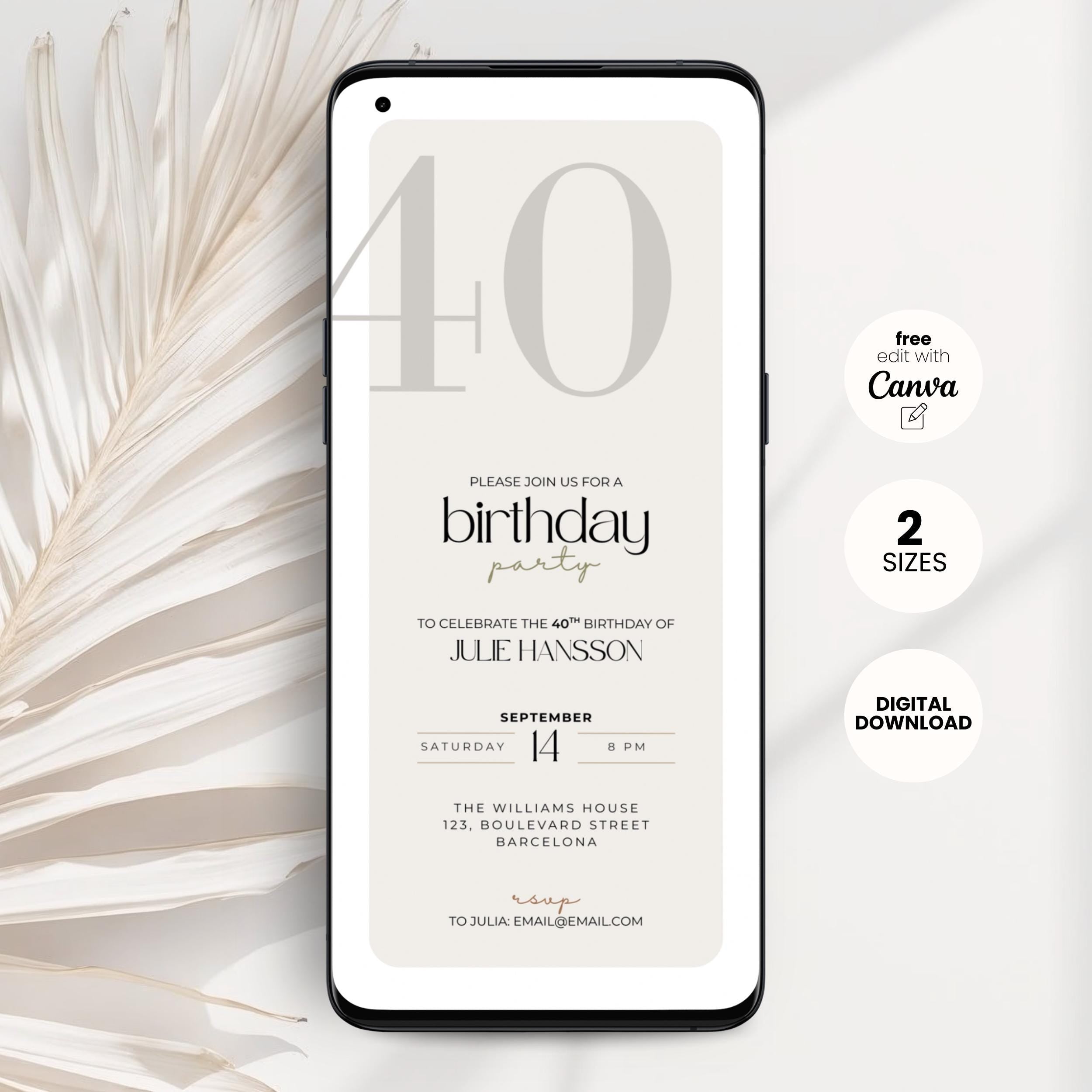 Phone displaying a 40th birthday party invitation with decorative elements on a light background