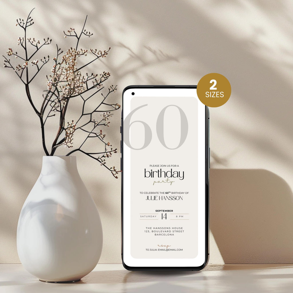 Phone displaying a birthday invitation with a white vase and branches on a light background