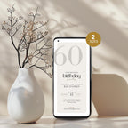 Phone displaying a birthday invitation with a white vase and branches on a light background