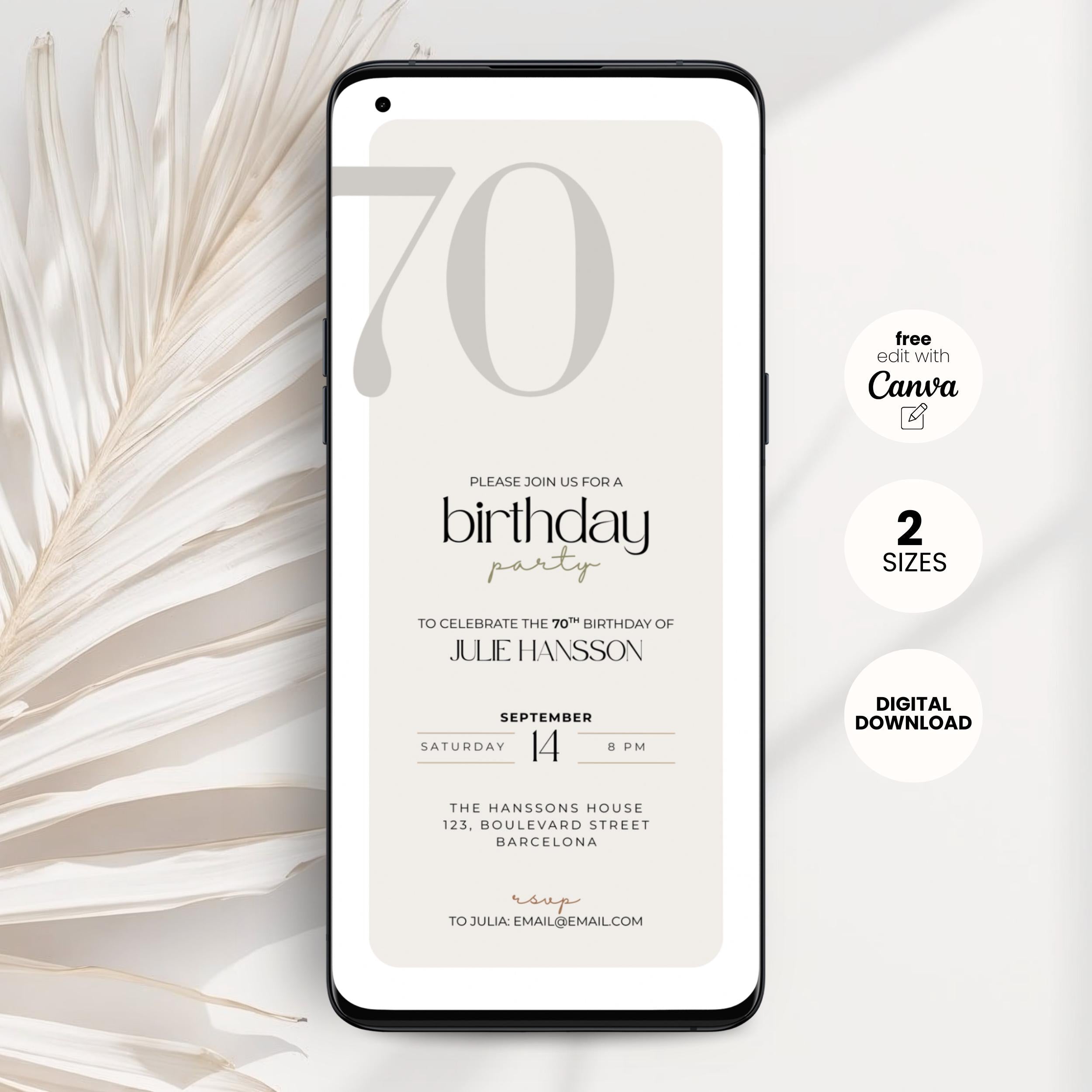 Minimal Elegant 70th Birthday Invitation Template