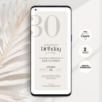 Phone displaying a 30th birthday party invitation with decorative elements on a light background